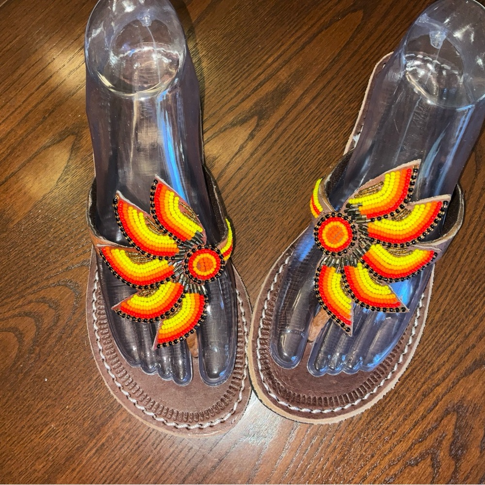 Beaded Floral Sandals - Brown and Multicolor